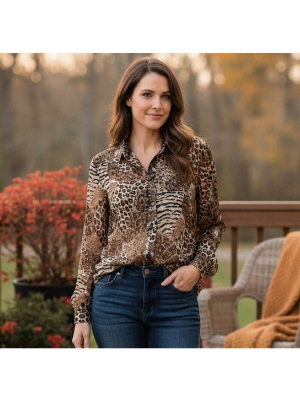 EXPOSE Vintage Animal Print button down blouse Shirt Top lurex Sz L